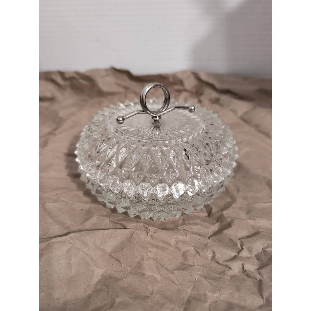 Vintage Indiana Glass Diamond Point Crystalโ Candy Dish W Lid Metal Handle